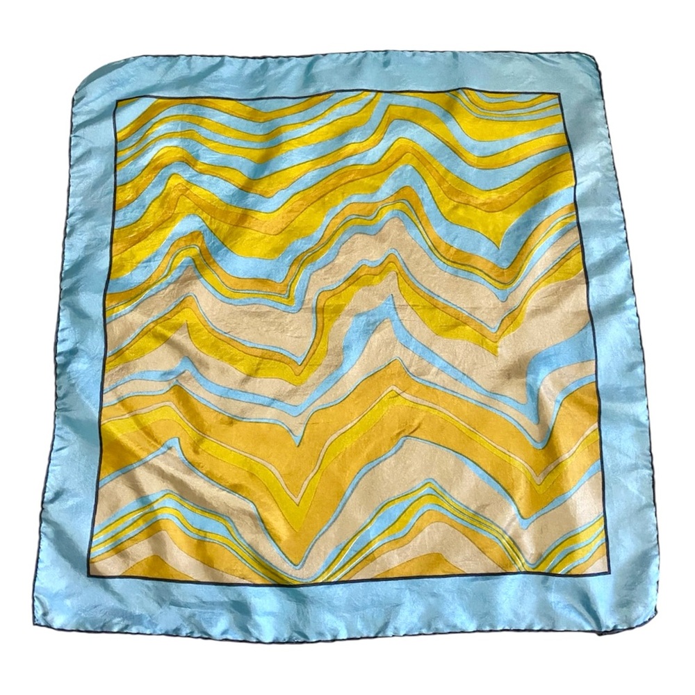 Silky Blue and Yellow Wave-Print Square Scarf